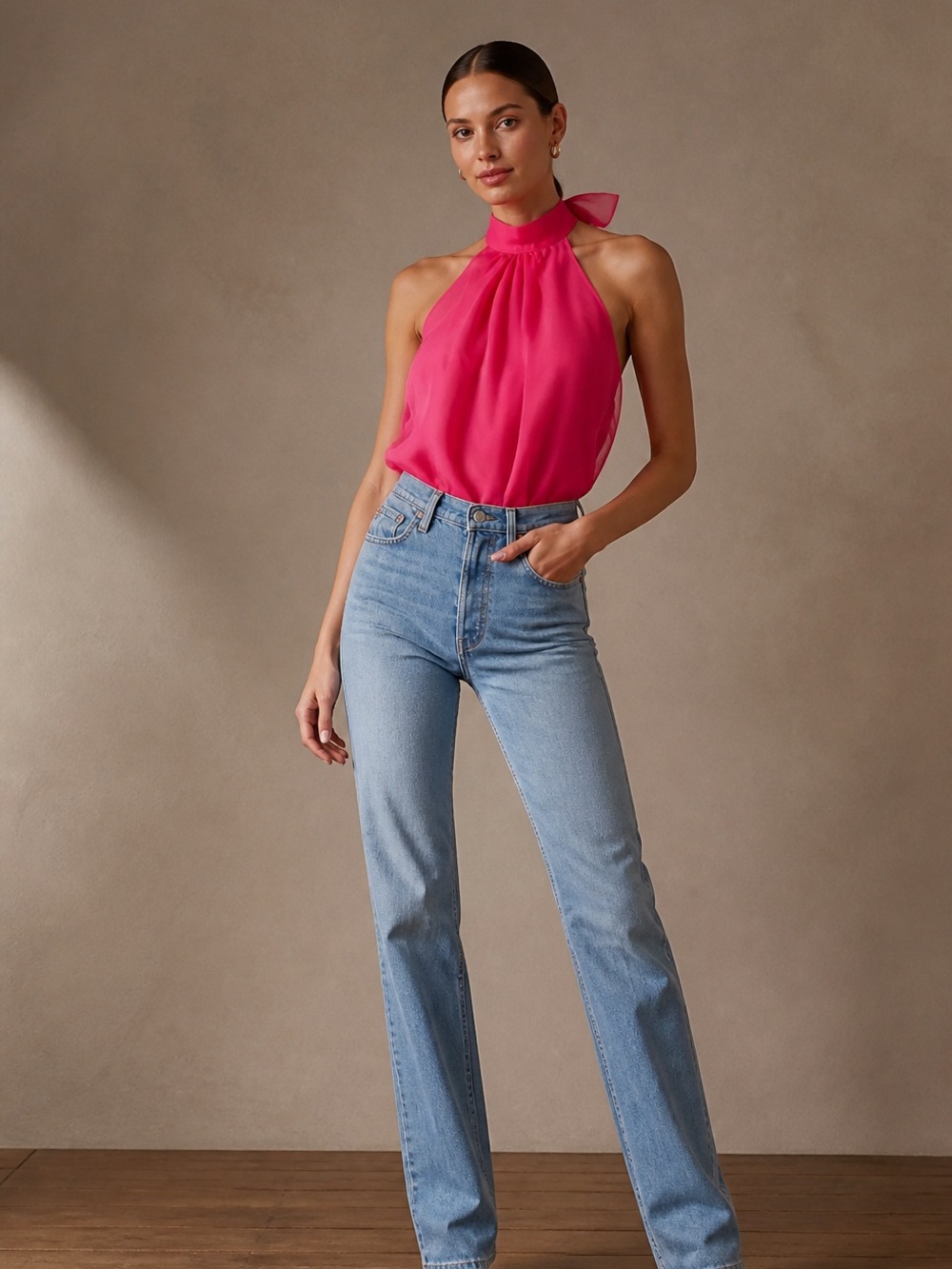 VICI Organza  Open Back Halter Bodysuit in Hot Pink